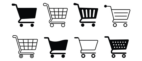 Set of eight diverse shopping cart icons for retail and e commerce design with shopping ecommerce business purchase collection interface consumer commerce supermarket © Romzain