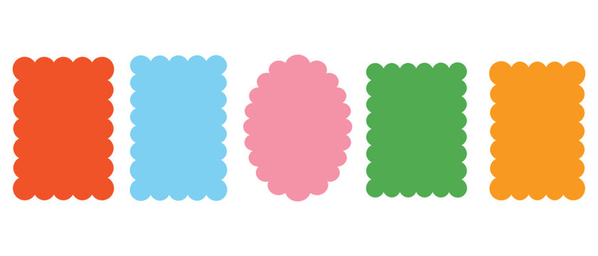 Set of colorful scalloped edge labels and frame shapes with scalloped colorful rectangle decorative collection isolated background minimalist template decoration frameborder