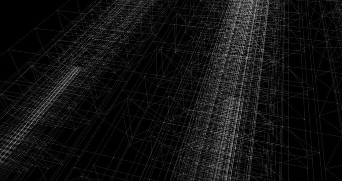 Futuristic wireframe grid animation simulating telecom infrastructure, global supply chain tracking, data synchronization, and financial cloud networks.