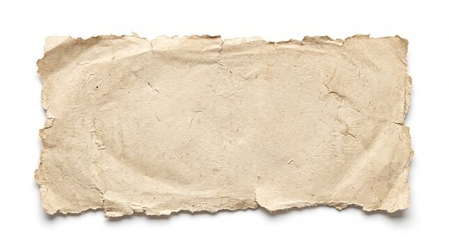 Torn handmade paper rectangle with soft deckle edges isolated on white background, cream ivory cotton paper sheet with pulp fibers for artisan backdrop and copy space