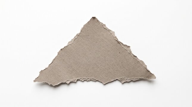 Torn paper triangle with ragged deckle edges isolated on white background, grey taupe handmade paper fragment with fiber grain for geometric backdrop and copy space