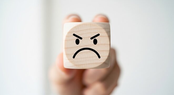 Angry Wooden Block Emoji Held Against Light Background