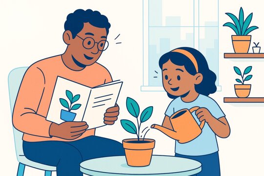 Father and daughter bonding over plant care activities in a cozy indoor setting filled with natural light and potted greenery on shelves. Ai generative