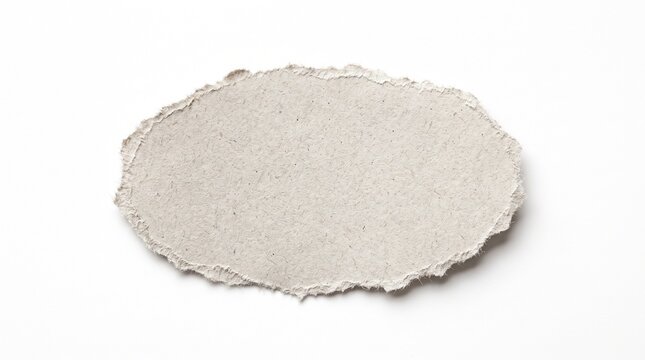 Torn paper oval with soft deckle edges isolated on white background, grey white recycled paper fragment with fiber grain for design element and copy space
