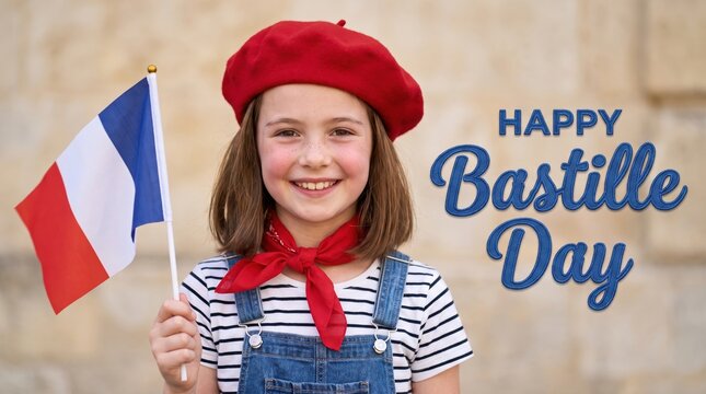 Young girl wearing a red beret and striped shirt holding a small french flag with happy bastille day text written in blue script against a blurred stone wall background