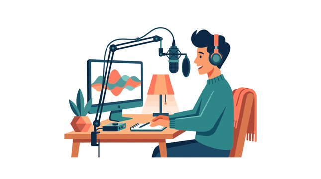 Man recording podcast with microphone, headphones, computer and sound waves