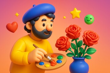 Fototapeta premium Cheerful cartoon artist painting red roses on a palette surrounded by floating emojis and stars on a warm gradient background concept. Ai generative