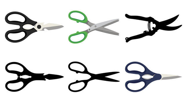 Professional vector collection featuring 6 different kitchen scissors designs, heavy duty kitchen shears, herb scissors, poultry scissors, multipurpose kitchen scissors, stainless steel cooking shears