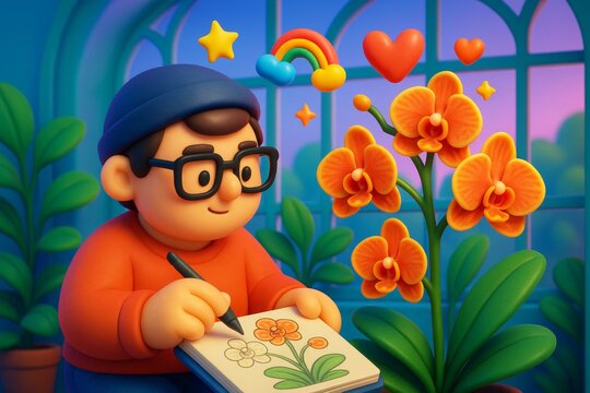 Cartoon boy drawing orange orchid flowers with stylus surrounded by colorful hearts and stars in a bright greenhouse interior background. Ai generative