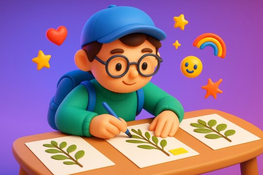 Cute cartoon boy drawing plant leaves on cards with colorful creative elements floating around on a purple background in playful style. Ai generative