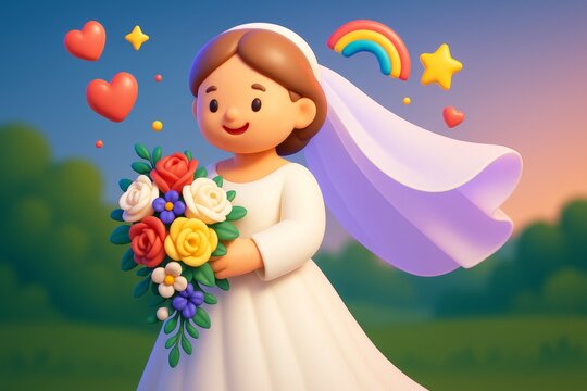 Cute cartoon bride holding colorful flower bouquet with hearts and rainbow on soft outdoor background during sunset light in wedding theme scene. Ai generative