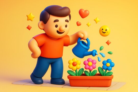 Cute cartoon boy watering colorful blooming plants in flower box with cheerful expression and floating hearts on bright yellow background. Ai generative