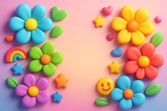 Colorful clay-style cartoon flowers, hearts, stars, and smiley on soft pastel gradient background forming a cheerful abstract nature border frame. Ai generative