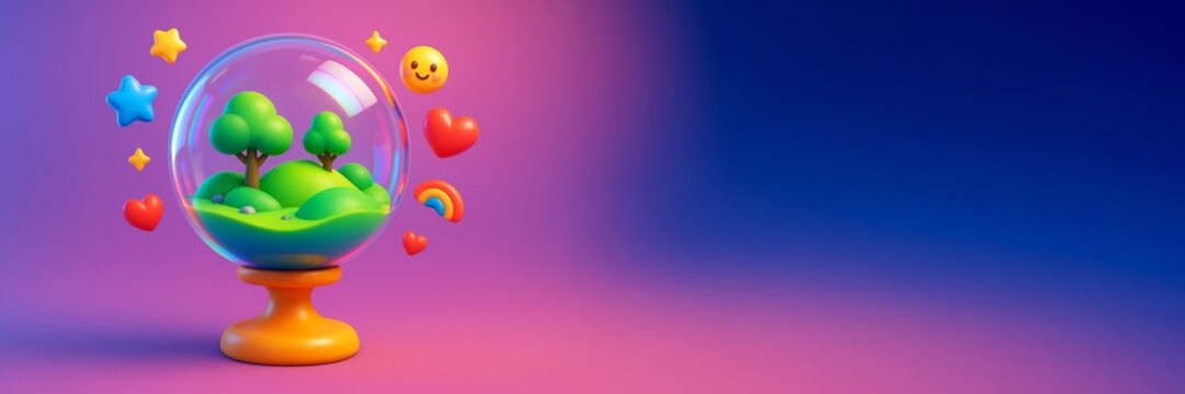 Fantasy nature globe with trees and hearts on colorful podium, surrounded by emoji-style icons, on gradient background with copy space. Ai generative