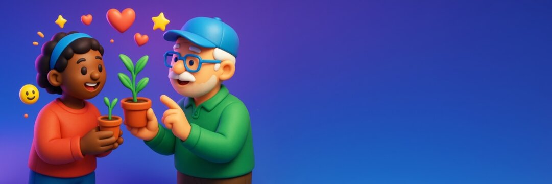 Grandfather teaching young girl gardening with potted plants, joyful interaction and love symbols, on vibrant blue background with copy space. Ai generative