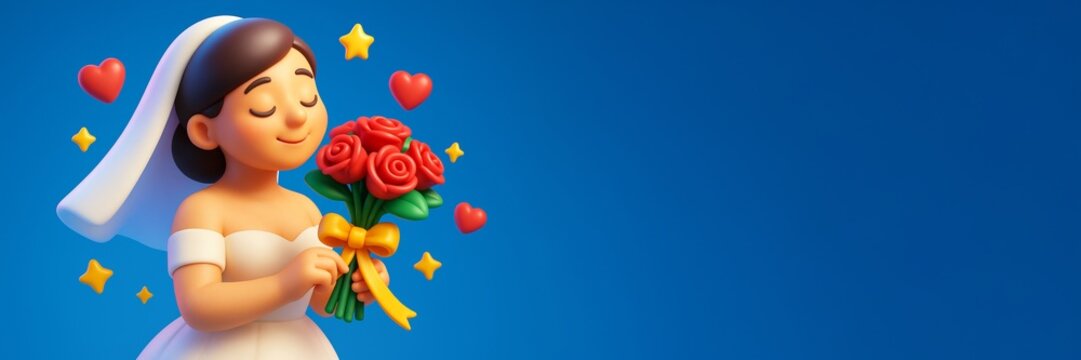 Cute cartoon bride holding flower bouquet with hearts and stars, smiling peacefully on vibrant blue background with empty copyspace on right. Ai generative