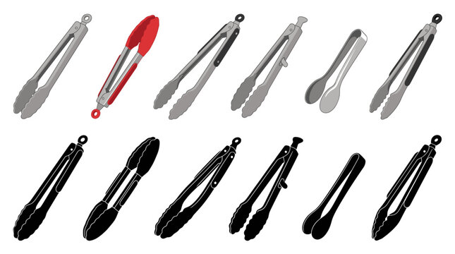 Professional vector collection featuring 6 different kitchen tong designs, stainless steel tongs, silicone tip tongs, barbecue tongs, locking kitchen tongs, serving tongs, premium cooking tongs