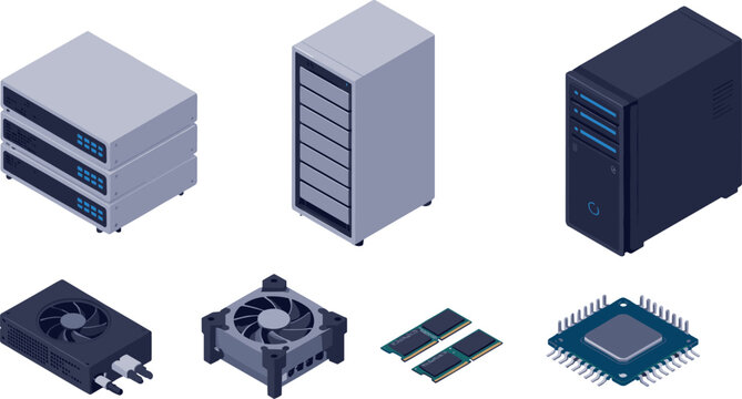 Isometric computer hardware vector set with server racks network switch data storage power supply and microchip