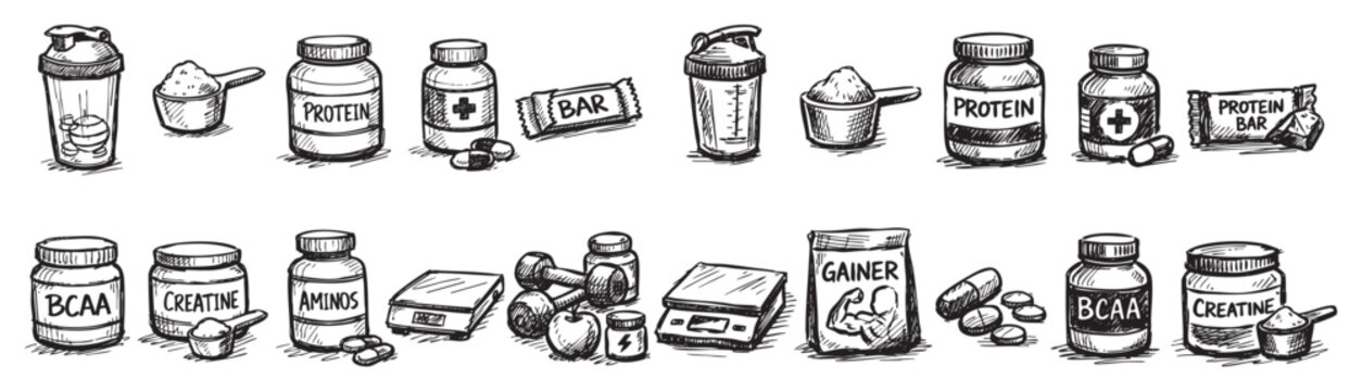 Various hand-drawn fitness supplements and nutrition items, including protein powder, shakers, bars, and pills, rendered in a sketch style on a white background