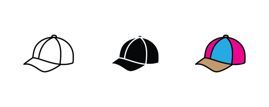 Baseball cap icon set. Sport headwear, casual fashion accessory, summer hat, or peaked cap symbol. Vector illustration.