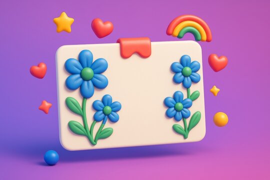 Blank card mockup with blue flowers, hearts, stars and rainbow on colorful background for cheerful presentation or cute design template concept. Ai generative