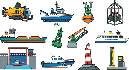 Maritime shipping and nautical navigation vector icon set featuring ships submarine lighthouse buoys and harbor infrastructure © RurposiRani