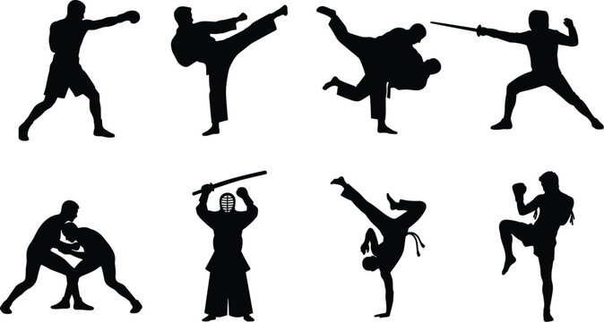 Martial Arts And Combat Sports Black Silhouette Set Featuring Boxing Karate Judo Wrestling Fencing And Capoeira