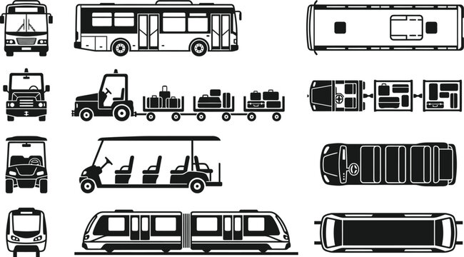 Airport passenger transport icons set featuring shuttle bus luggage tug golf cart train carriage and top view layouts