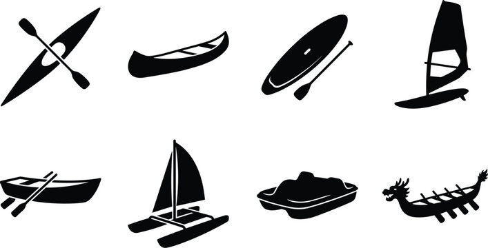 Watercraft And Small Boats Silhouette Icon Set Featuring Kayak Canoe Paddleboard Sailboat And Dragon Boat