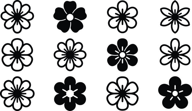 Flowers vector reference sheet showcasing diverse botanical blossom silhouettes and linear floral shape icons