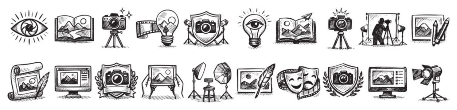 Collection of hand-drawn photography and creative process icons in a sketch style, featuring cameras, eyes, light bulbs, and film elements on a white background