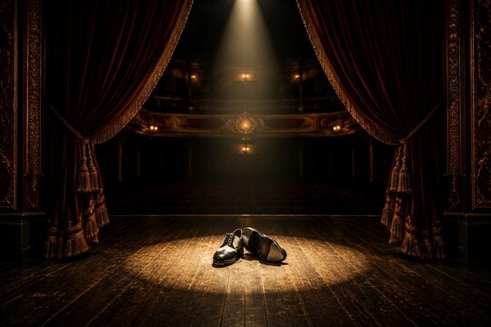 An empty theater stage with a spotlight on a pair of tap shoes.