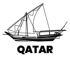 Minimalist Traditional Qatari Dhow Boat Line Art Illustration with Qatar Typography Vintage Arabian Maritime Heritage Vector Design © DennisStudio