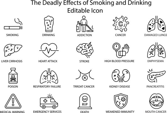 The Deadly Effects Of Smoking And Drinking Editable Icon Set