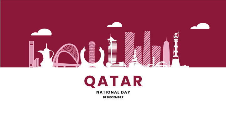 Minimalist Qatar National Day Skyline Banner Featuring Iconic Doha Landmarks in Maroon and White with Modern Flat Vector Design