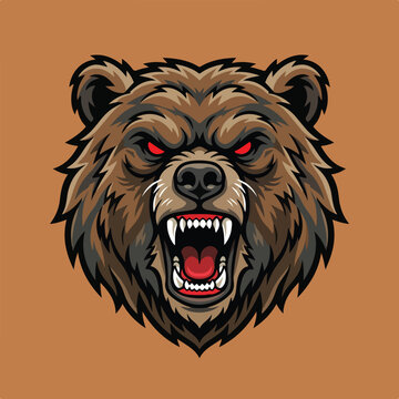 Aggressive grizzly bear head illustration with red eyes.