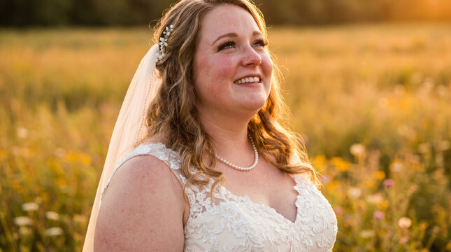 Plus-size bride with long lashes looking up, celebrating inclusive beauty in a golden field