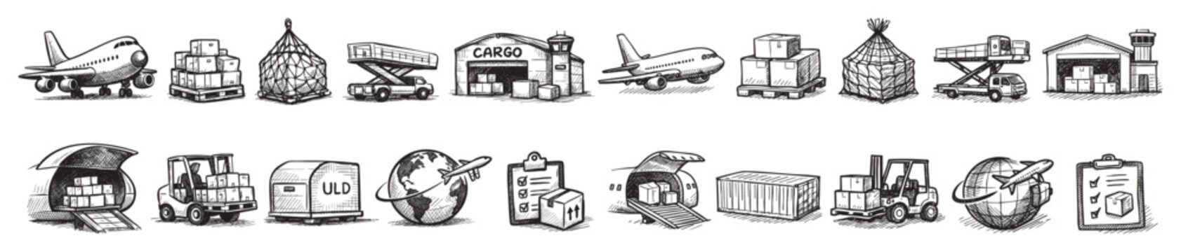 Collection of hand-drawn black and white cargo and logistics icons, depicting various aspects of air freight and delivery services