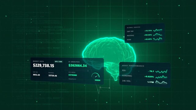 Expansive wide angle surveying a bull market trading terminal featuring a glowing green financial data interface inside a comprehensive quantitative trading panels displaying English metrics.
