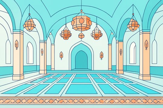 Traditional Islamic architecture interior with colorful arches, lanterns, and patterned floor in minimal line art style for cultural background use. Ai generative