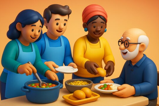 Diverse community members serving food to an elderly man in warm background, showcasing kindness, care, and cultural connection through sharing meals. Ai generative
