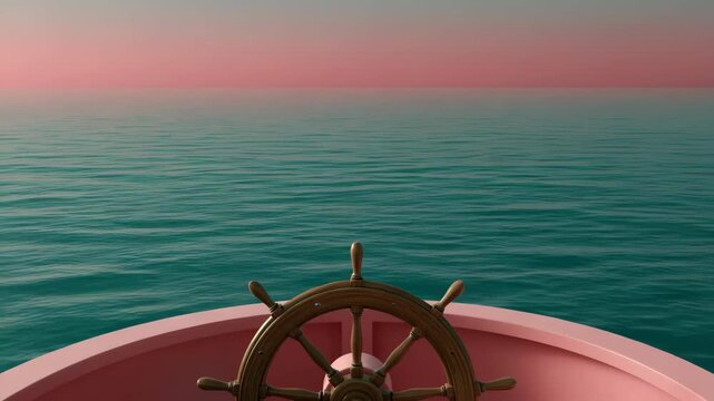 Ship wheel centered at bow overlooking teal sea at sunset