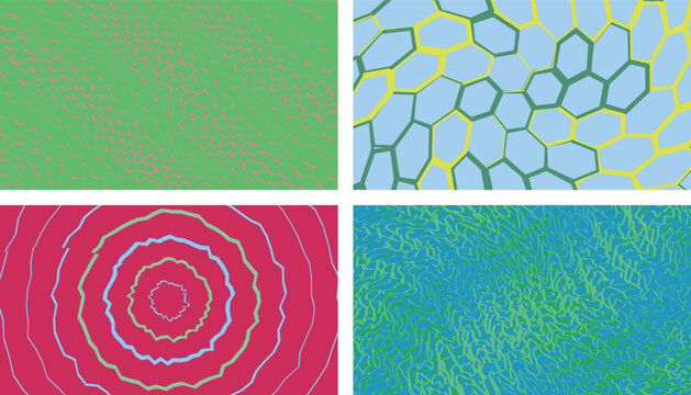 Set of artistic geometric pattern designs with hexagonal structures circular rings and distorted mesh layouts for modern graphic art and background work