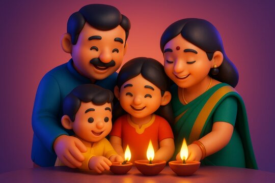 Happy family celebrating festival together lighting traditional oil lamps with joyful expressions in colorful cultural attire at night background. Ai generative
