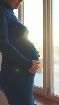 A woman stands by a window, cradling her pregnant belly. The sunlight shines softly on the woman's silhouette, highlighting the woman's expectant form.