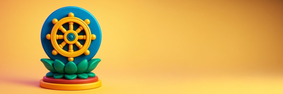 Colorful Dharma Wheel sculpture with lotus on yellow background offering clean mockup space for spiritual or cultural design concepts. Ai generative