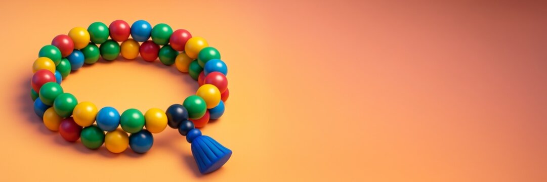 Colorful prayer beads arranged in a circular shape with a tassel on a warm gradient background, ideal for spiritual design mockups or banner templates. Ai generative