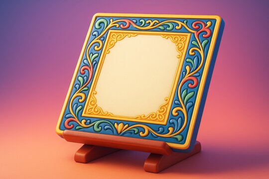 Blank ornate tile mockup on stand with decorative colorful border and empty center space displayed against soft gradient background for design use. Ai generative