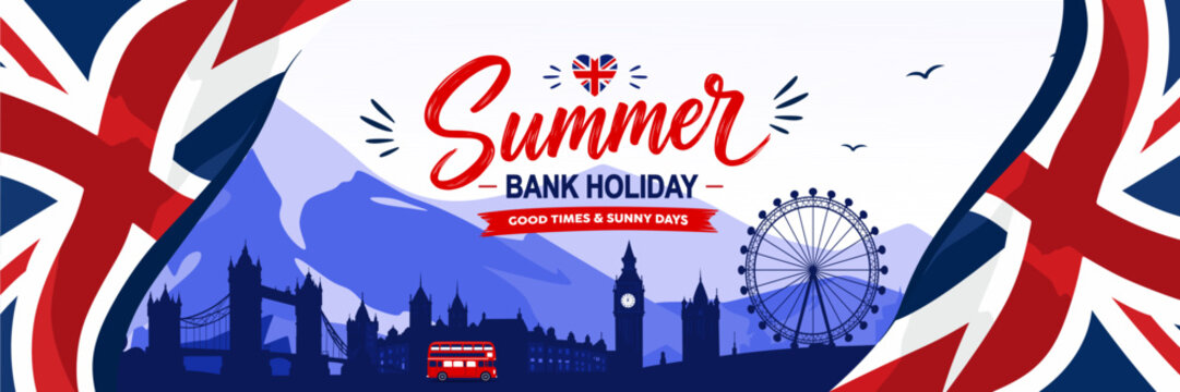 UK Summer Bank Holiday Wide Flag Banner Template. Flat vector horizontal web header for British Summer Bank Holiday, featuring London skyline silhouettes framed by Union Jack flags.