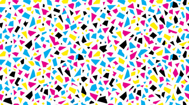 Terrazzo Pattern Design with Vibrant Geometric Confetti Shapes in Cmyk Colors